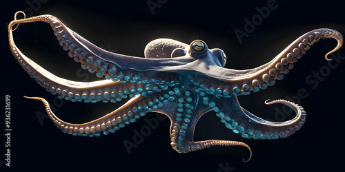 Octopus with Glowing Tentacles in Dark Water, a Perfect Copy Space for Your Design