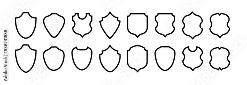 Shield frame set. Collection shield signs. Empty outline icons. Vector