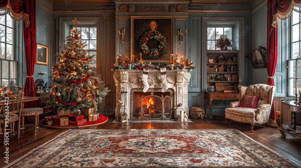 Christmas Interior with Fireplace and Tree Christmas Interior with Fireplace and Tree