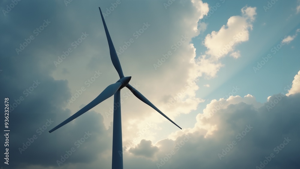 Wind Turbine Against a Cloudy Sky. God ray through the Cloud. Wind Turbine Against a Cloudy Sky. God ray through the Cloud.