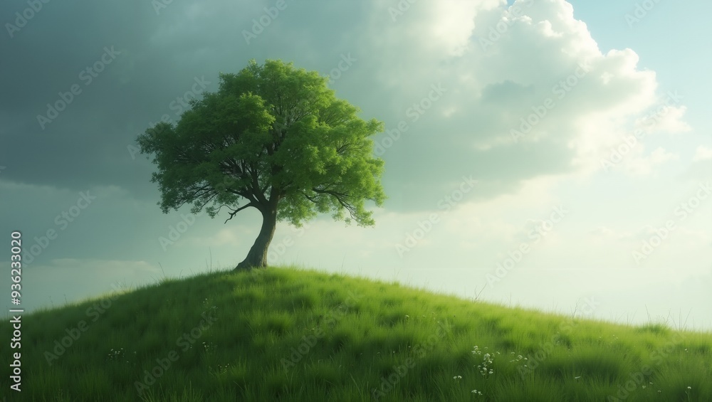 Solitary Tree on a Green Hill with Cloudy Sky Solitary Tree on a Green Hill with Cloudy Sky