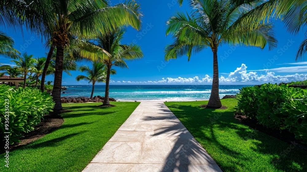 Resort pathway lined with palm trees leading to the beach. Resort pathway lined with palm trees leading to the beach.