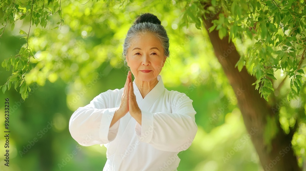 Seniors practicing Tai Chi in a sunlit garden surrounded by trees Seniors practicing Tai Chi in a sunlit garden surrounded by trees