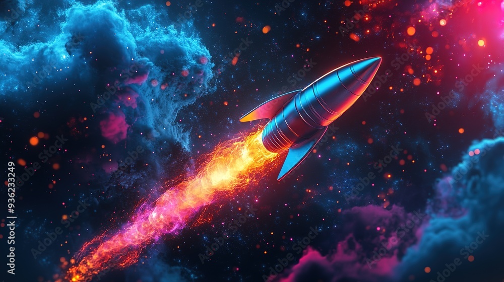 Fototapeta premium Rocket trajectory quantum wallpaper on dark background with neon light style 