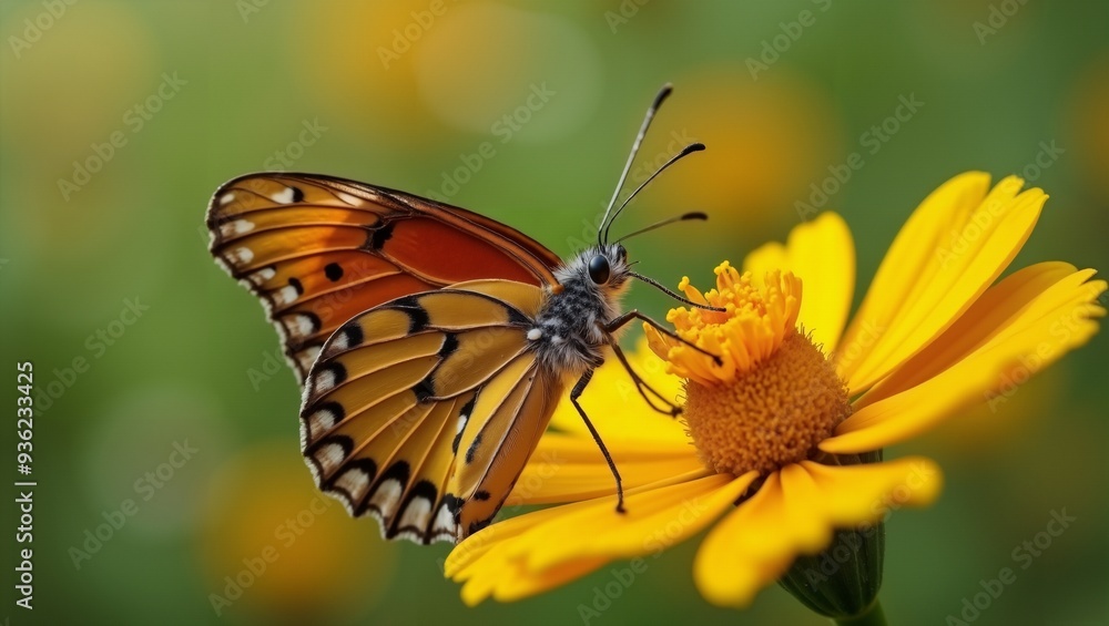 Fototapeta premium Butterfly on a Yellow Flower. Macro shot with very shallow depth of field.
