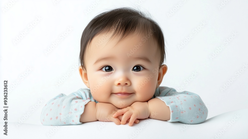 A happy baby resting on a soft surface with hands clasped, looking directly at the camera while displaying a joyful expression in a well-lit setting A happy baby resting on a soft surface with hands clasped, looking directly at the camera while displaying a joyful expression in a well-lit setting