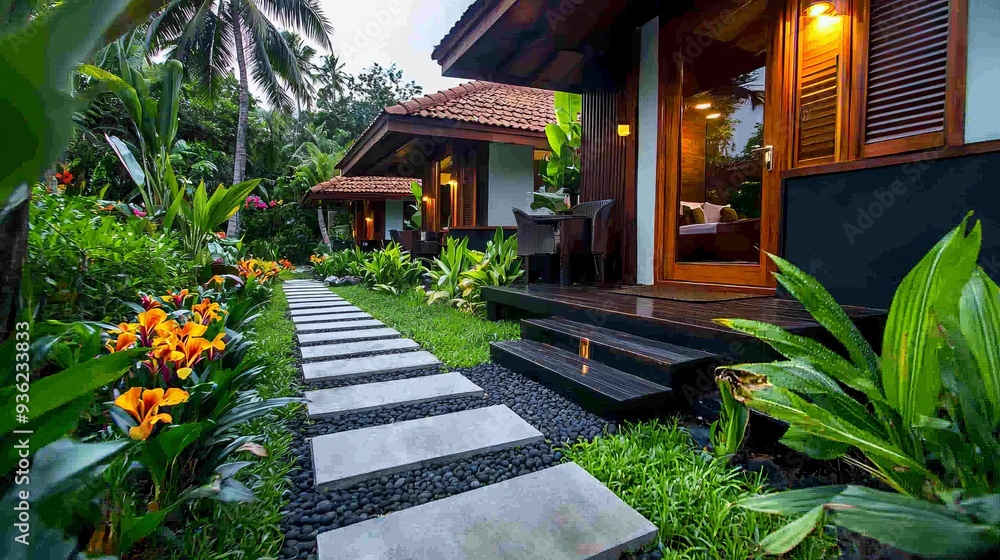 Fototapeta premium Tropical resort with bungalows surrounded by lush gardens and exotic flowers.