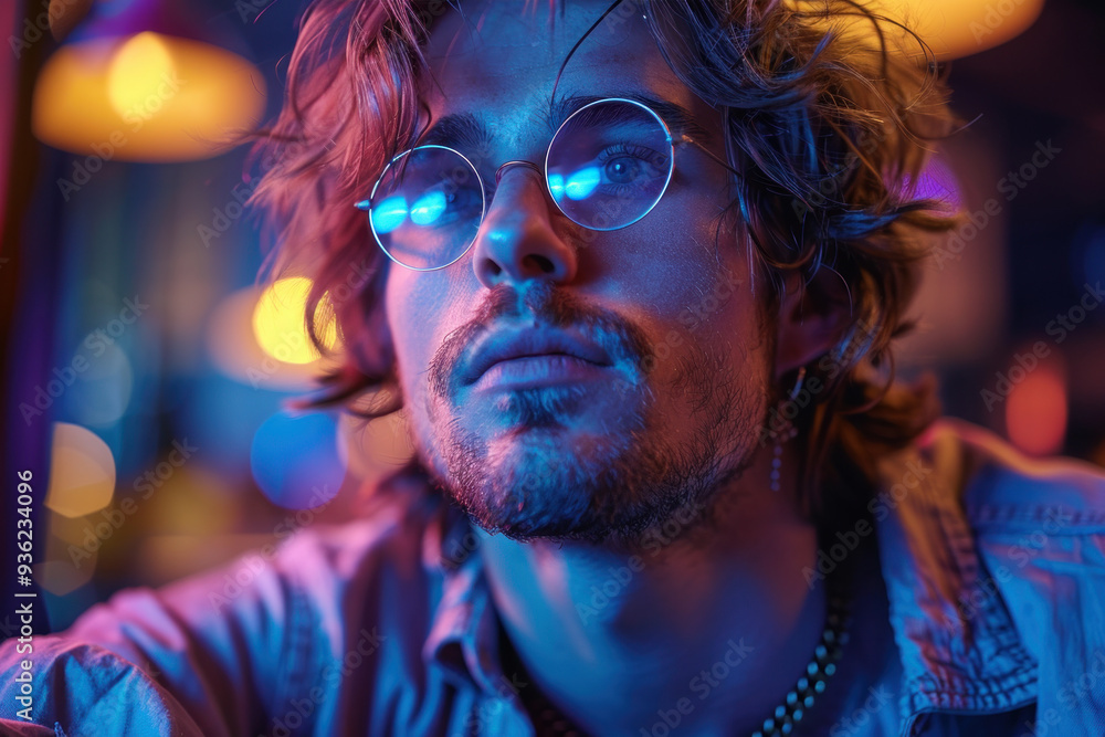 Man with glasses in vibrant neon lights at nightclub Man with glasses in vibrant neon lights at nightclub