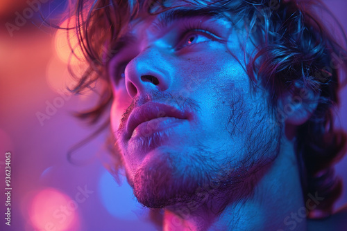 Young man enjoying nightclub atmosphere with colorful lights