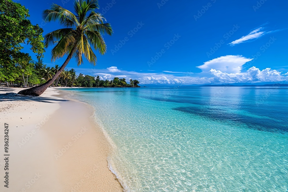 Fototapeta premium A pristine tropical beach with crystal clear turquoise water, white sand, and a swaying palm tree.