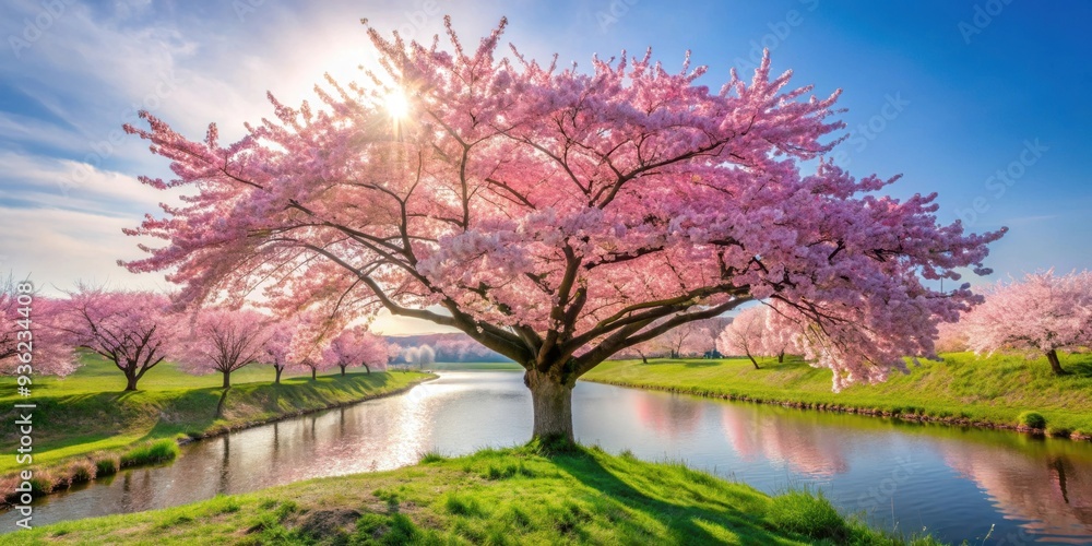 Obraz premium of cherry blossom tree in full bloom, representing the beauty of Japanese spring , cherry blossom, tree, flowers, pink, petals