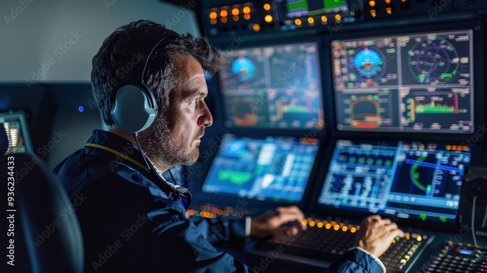 The operator is looking at a monitor showing various flight information. There is a flight chart screen. The operator is looking at a monitor showing various flight information. There is a flight chart screen.