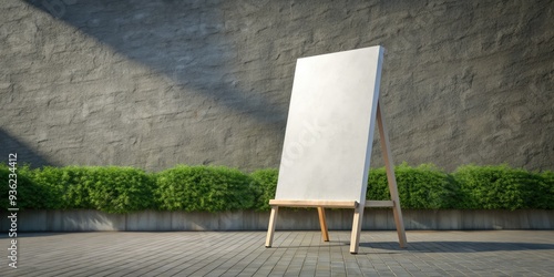 A blank white sandwich board stands upright at a partially open door, awaiting signage, against a textured outdoor easel background, providing ample copy space for design. photo