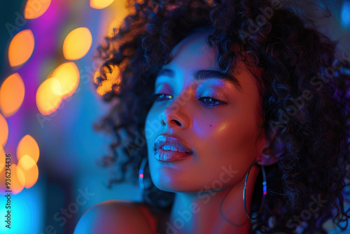 Portrait of young woman with curly hair and colorful bokeh lights