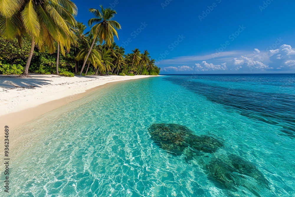 Fototapeta premium A pristine white sand beach with clear turquoise water and lush palm trees on a tropical island.