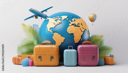 3d render of travel concept with suitcases, globe and plane flying around it on white background #936234691