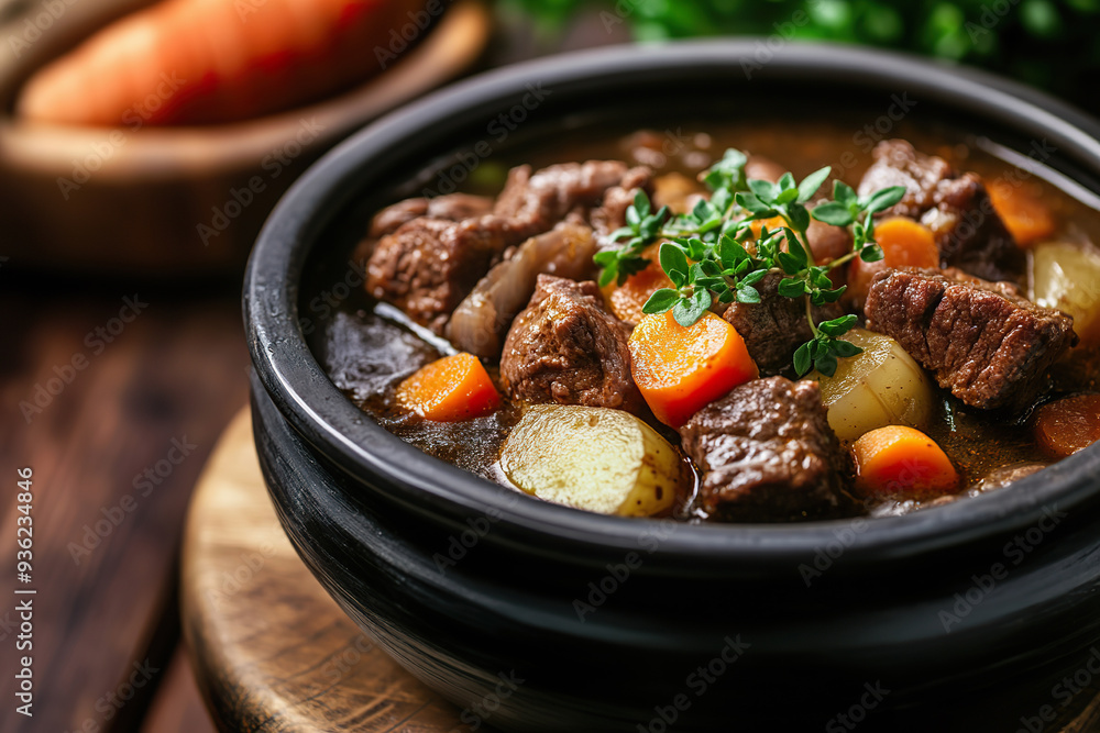 Delicious beef stew with vegetables in a rustic bowl and blurred background Delicious beef stew with vegetables in a rustic bowl and blurred background