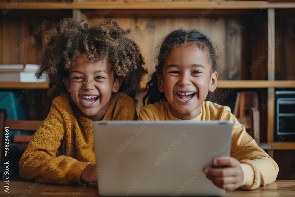 Two children in primary school using laptop together having fun in school lesson Two children in primary school using laptop together having fun in school lesson