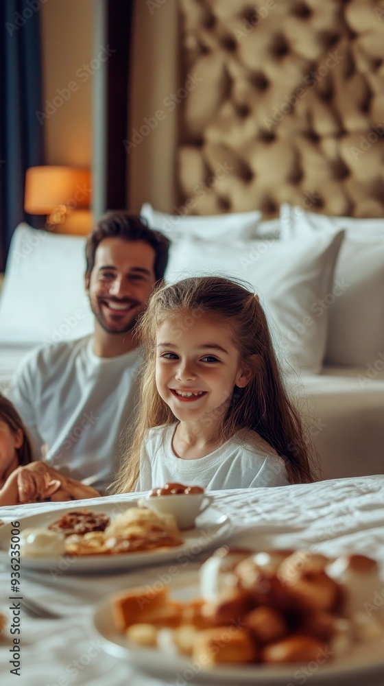 A cheerful family shares a delightful breakfast in bed, creating warm memories during their hotel stay in a cozy atmosphere