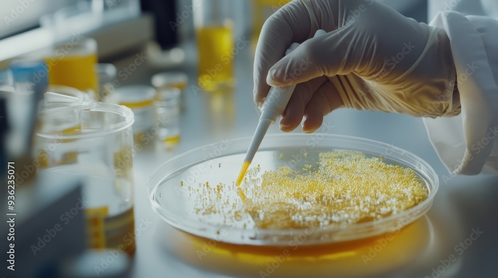 A person is holding a syringe and drawing a yellow liquid into a petri dish A person is holding a syringe and drawing a yellow liquid into a petri dish