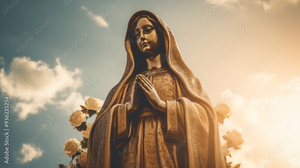 Statue of Virgin Mary with beautiful sky background, sunlight shining. Statue of Virgin Mary with beautiful sky background, sunlight shining.