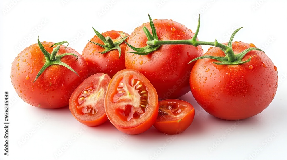 A cluster of ripe red tomatoes with one sliced in half, on a white background. A cluster of ripe red tomatoes with one sliced in half, on a white background.