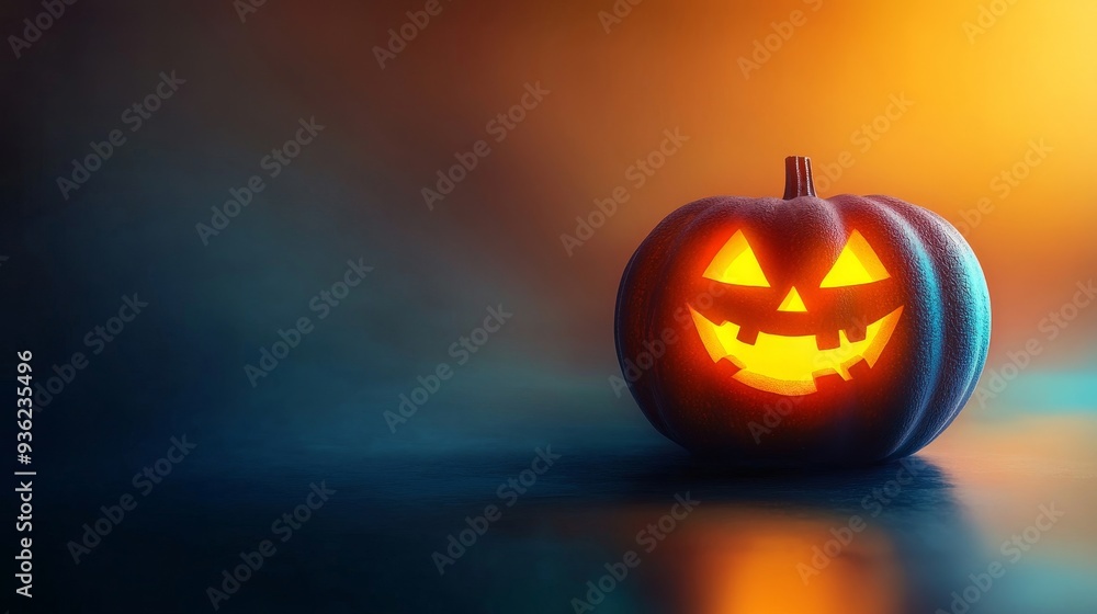 A pumpkin with a scary face is sitting on a table A pumpkin with a scary face is sitting on a table