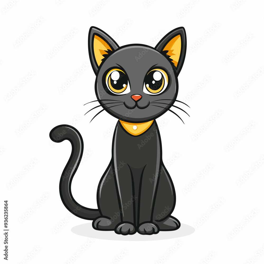Cartoon black cat with yellow collar sitting and smiling, isolated on white background Cartoon black cat with yellow collar sitting and smiling, isolated on white background