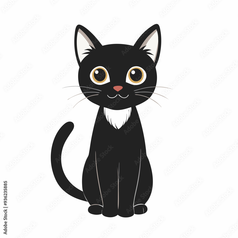 Happy black cat with white chest fur sitting and smiling in cartoon style Happy black cat with white chest fur sitting and smiling in cartoon style