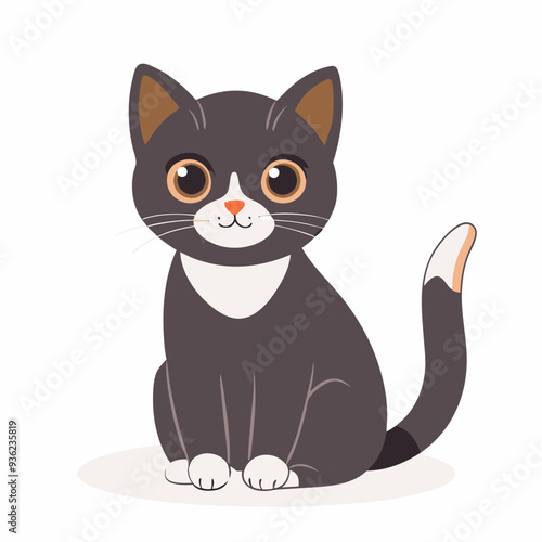 Cute tuxedo cat with white chest and paws sitting and gazing ahead