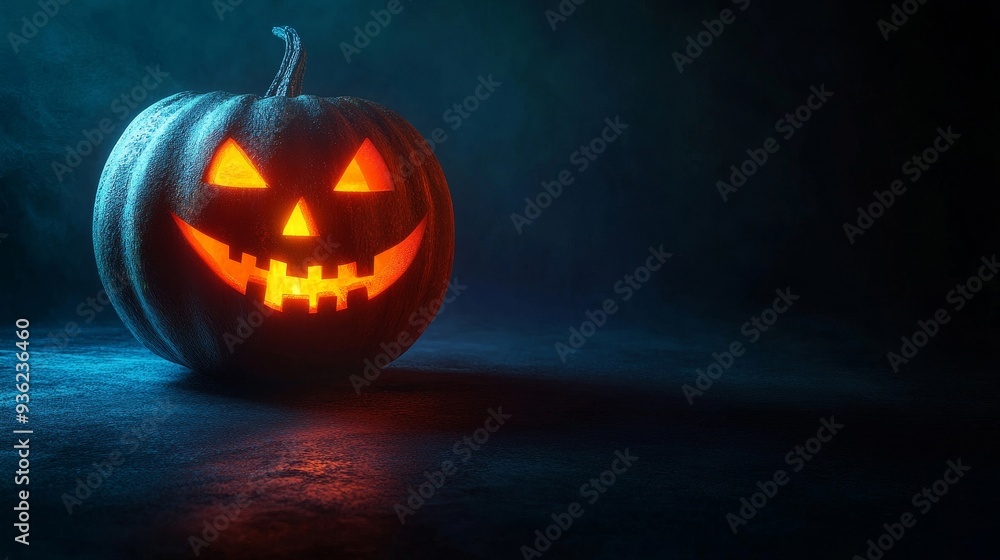 A pumpkin with a scary face is sitting on a table A pumpkin with a scary face is sitting on a table