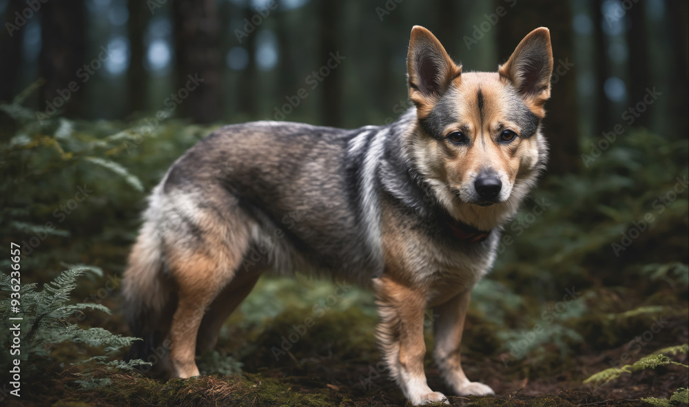 A gray and brown dog stands in a forest A gray and brown dog stands in a forest