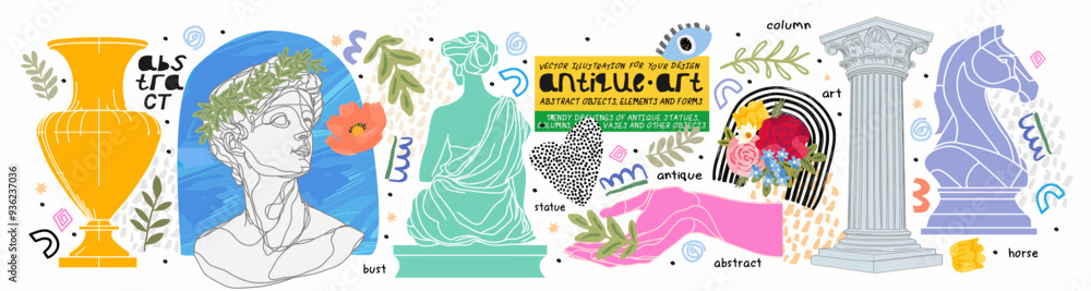 Fototapeta premium Art objects for the exhibition of classical antique and modern painting, sculpture and music. Line illustrations, plaster bust, statue, column, line, column, vase, horse chess pieceand abstract forms