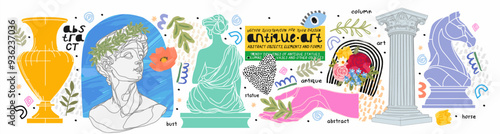 Art objects for the exhibition of classical antique and modern painting, sculpture and music. Line illustrations, plaster bust, statue, column, line, column, vase, horse chess pieceand abstract forms