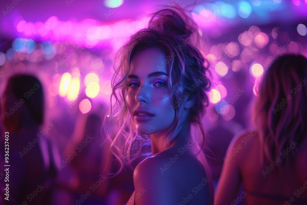 Portrait of woman in nightclub with vibrant neon lighting Portrait of woman in nightclub with vibrant neon lighting