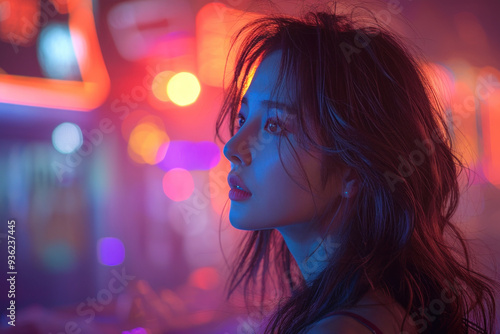 Young woman in neon lights looking thoughtful and inspired