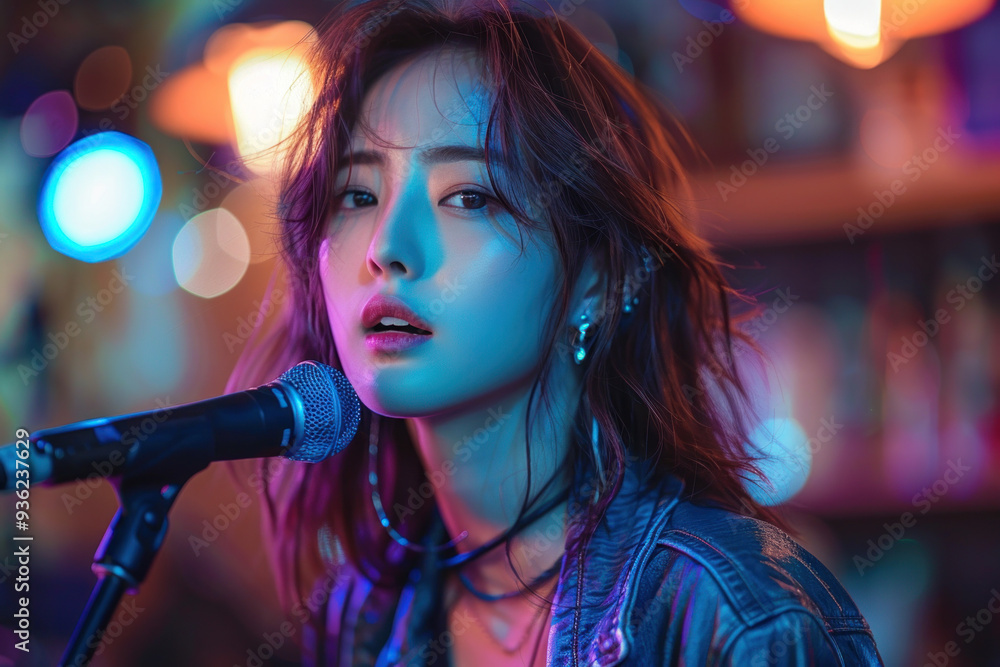 Young woman singing passionately into microphone in vibrant setting Young woman singing passionately into microphone in vibrant setting