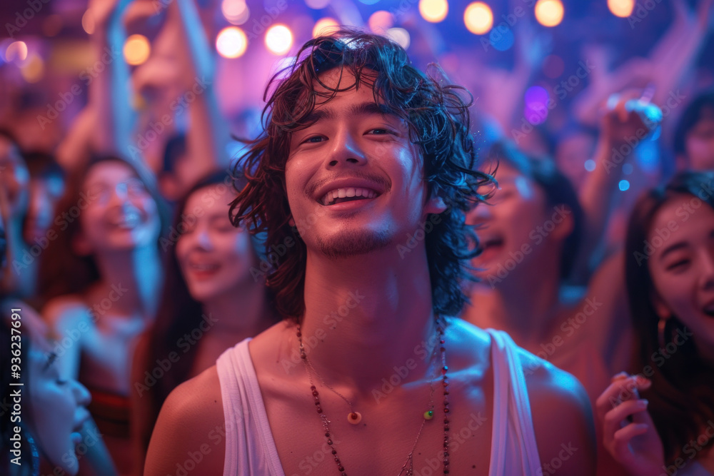 Smiling young man enjoying vibrant nightclub party with friends Smiling young man enjoying vibrant nightclub party with friends