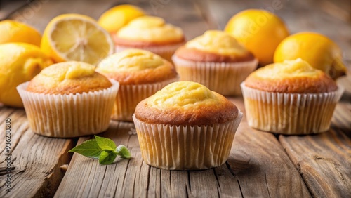 Close-up of freshly baked lemon muffins on a wooden table, lemon, muffins, baked, dessert, food, sweet, delicious, snack