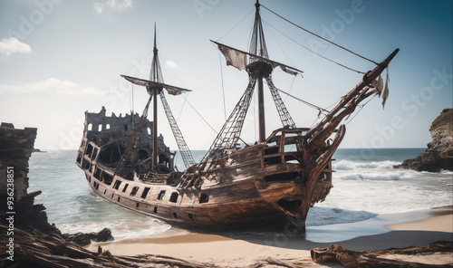 A weathered wooden ship sits on a sandy beach near a rocky cliff photo