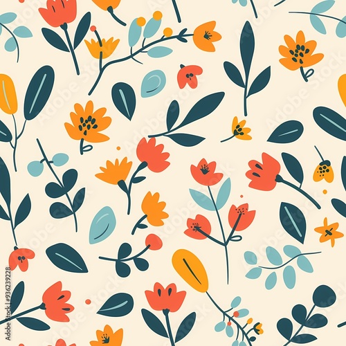 Wallpaper Mural Colorful floral pattern with vibrant flowers and leaves, perfect for decorative designs. Torontodigital.ca