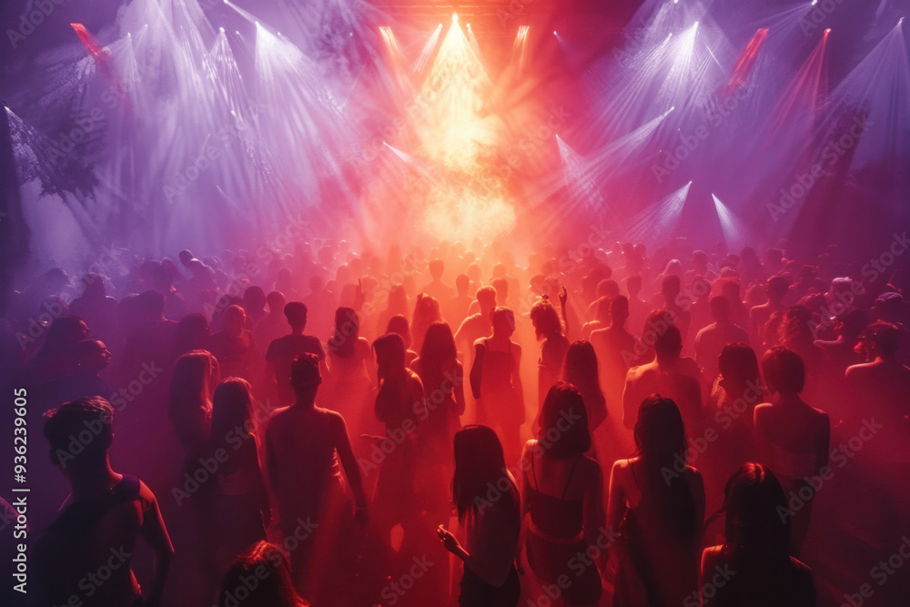 Crowded nightclub with vibrant lights and dancing people Crowded nightclub with vibrant lights and dancing people