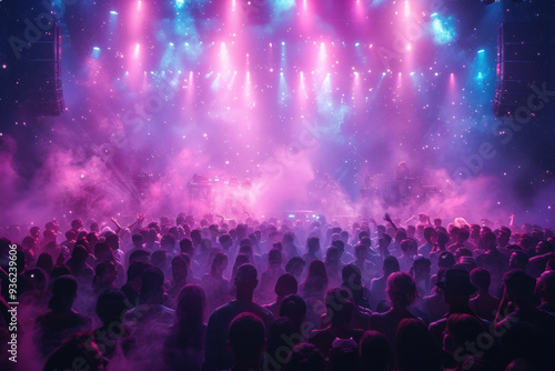 Crowded nightclub with vibrant lights and dancing people