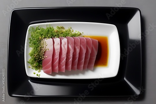 Elegant slate platter showcasing artfully arranged slices of premium otoro Bluefin tuna. photo