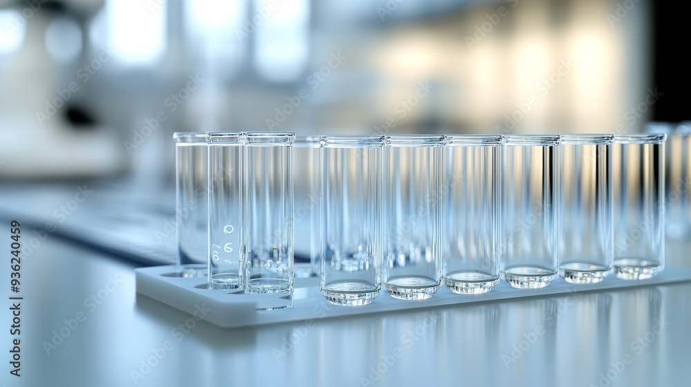A row of clear glass tubes are lined up on a table A row of clear glass tubes are lined up on a table