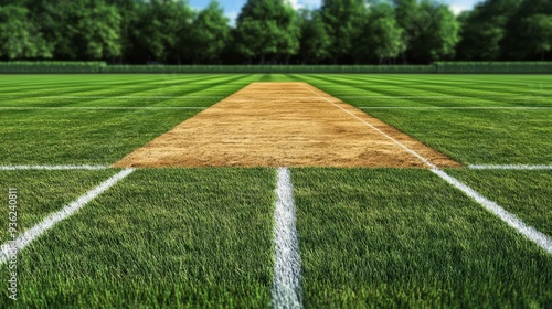 Cricket pitch, detailed view of crease and markings, 3D illustration