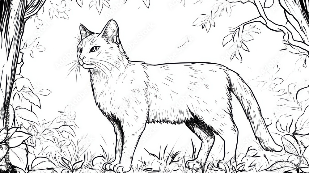Obraz premium Outline illustration of a black and white cat for drawing and coloring on white background