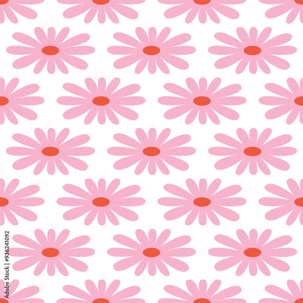 Seamless pattern with abstract geometric pink flowers in retro hippie style. Vector floral background. Vintage fashionable print with daisy flowers in 1970s style Seamless pattern with abstract geometric pink flowers in retro hippie style. Vector floral background. Vintage fashionable print with daisy flowers in 1970s style