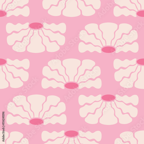 Seamless pattern with abstract geometric psychedelic flowers in retro hippie style. Vector floral background. Vintage fashionable print with daisy funky flowers in 1970s style