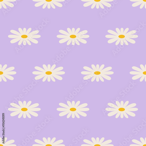 Seamless pattern with abstract geometric chamomile flowers in retro hippie style. Vector floral background. Vintage fashionable print with daisy flowers in 1970s style